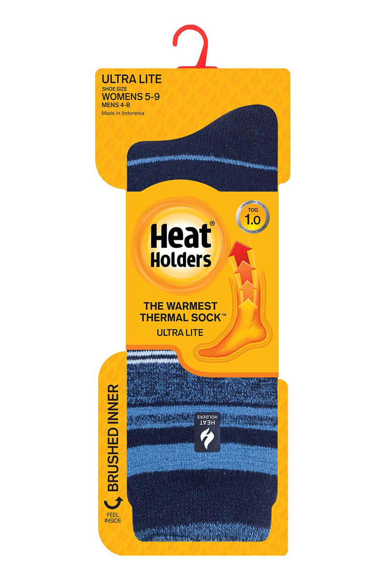 Heat Holders Women's Heather Ultra Lite Stripe Thermal Crew Sock Navy - Packaging