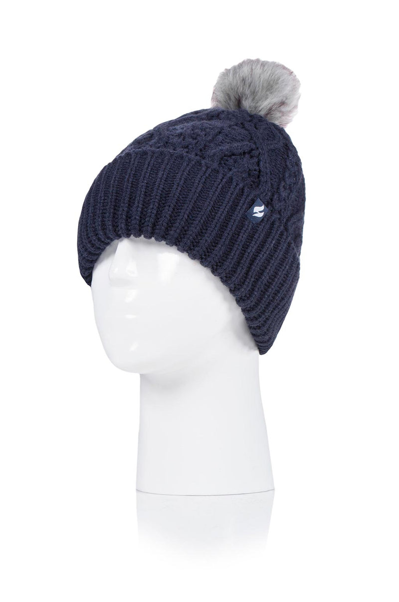 Heat Holders Women's Solna Cable Knit Roll Up Thermal Hat With Pom Pom Navy