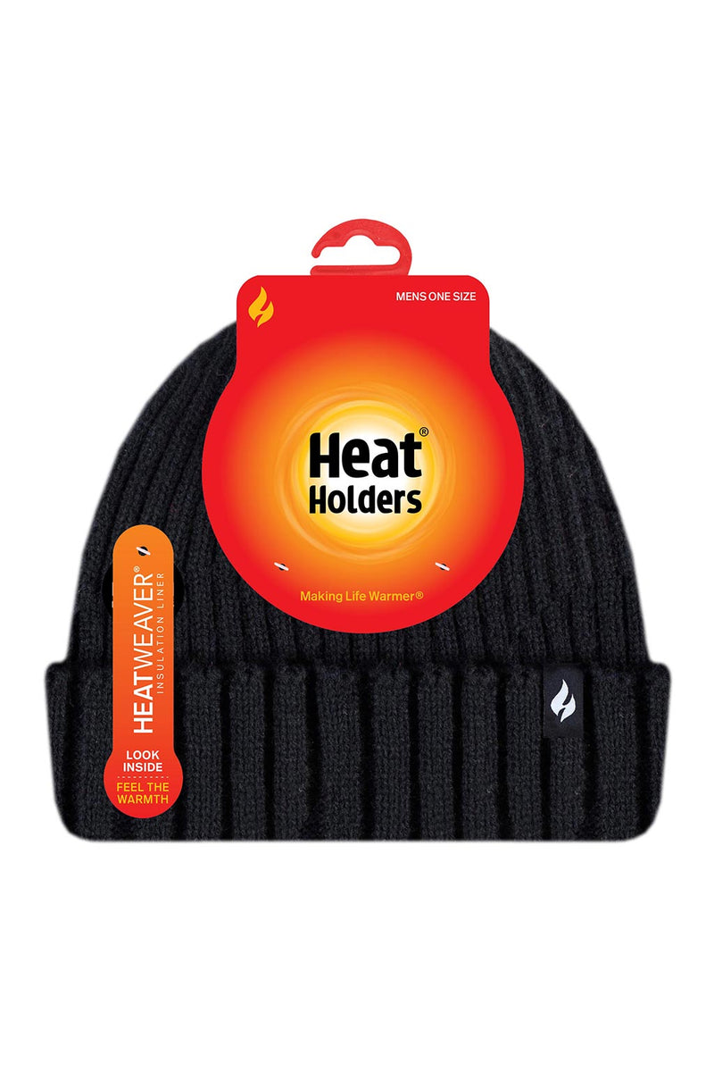 Heat Holders Men's Ribbed Roll Up Thermal Hat Black - Packaging