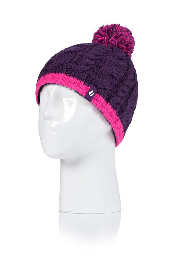 Heat Holders Girls Knitted Thermal Pom Pom Hat Plum Purple/Bright Pink #color_plum purple/bright pink