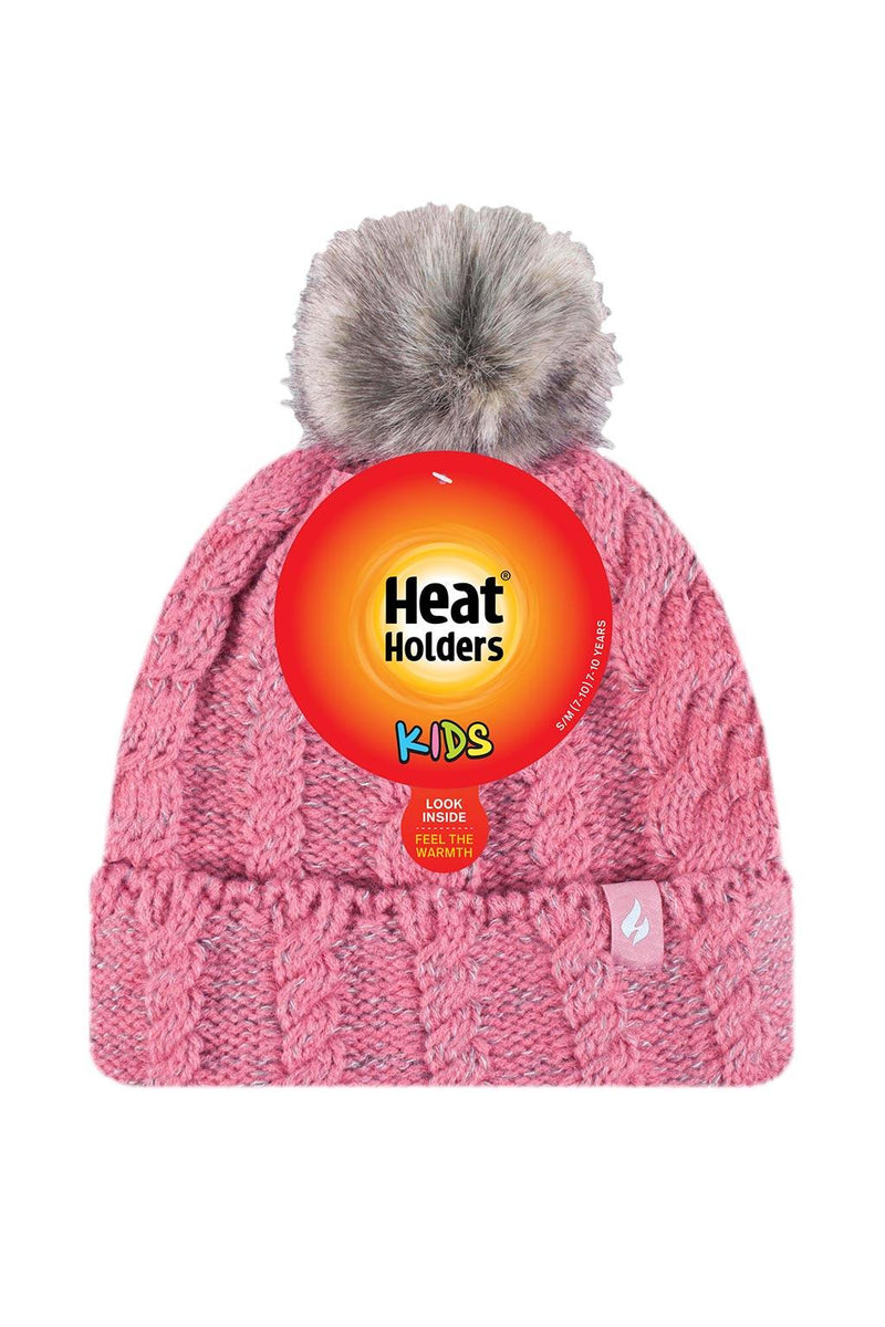Heat Holders Girls Roll Up Thermal Pom Pom Hat Coral/Light Grey - Packaging