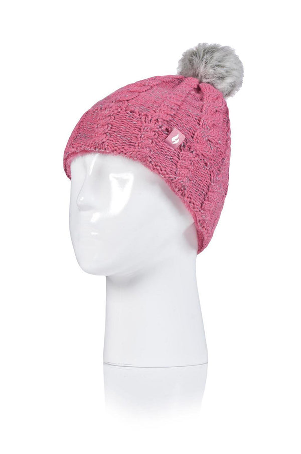 Heat Holders Girls Roll Up Thermal Pom Pom Hat Coral/Light Grey #color_coral/light grey