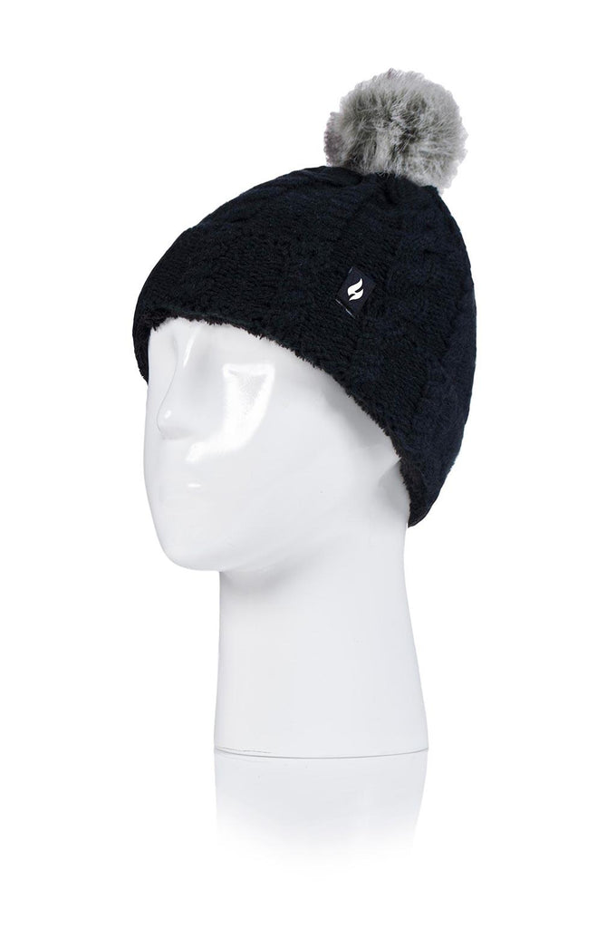Heat Holders Girls Roll Up Thermal Pom Pom Hat Black #color_black