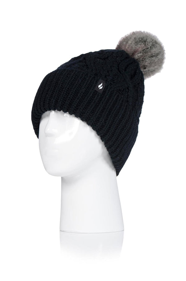 Heat Holders Women's Solna Cable Knit Roll Up Thermal Hat With Pom Pom Black #color_black