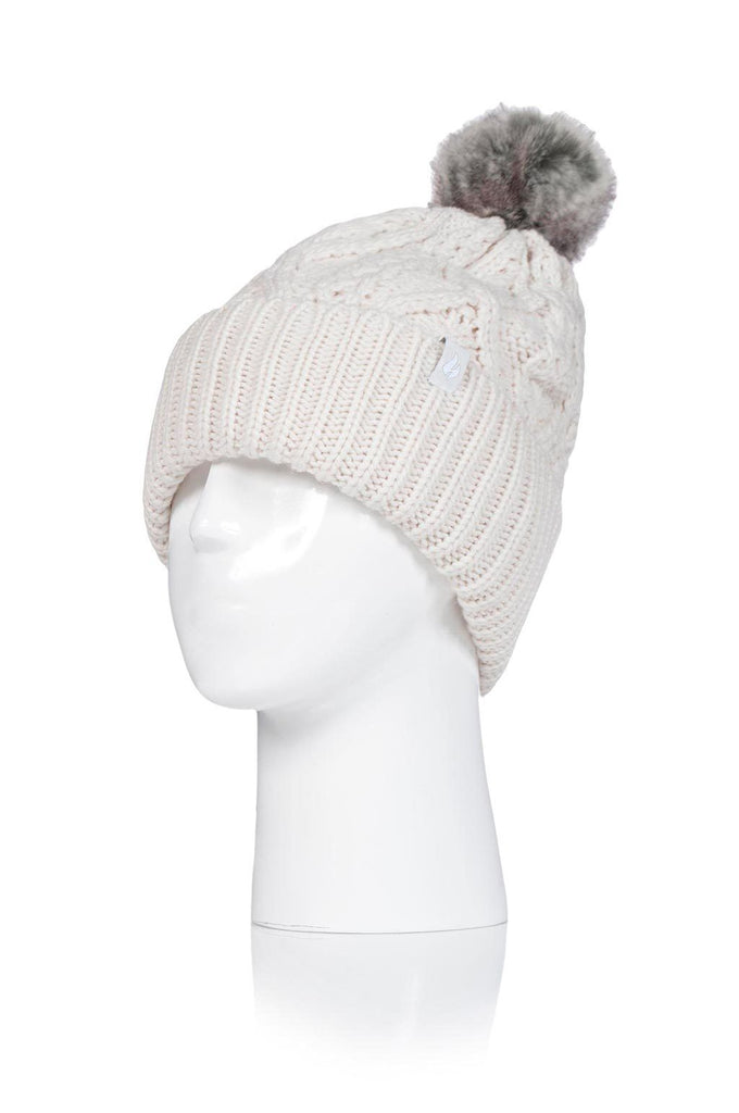 Heat Holders Women's Solna Cable Knit Roll Up Thermal Hat With Pom Pom Cream #color_buttercream