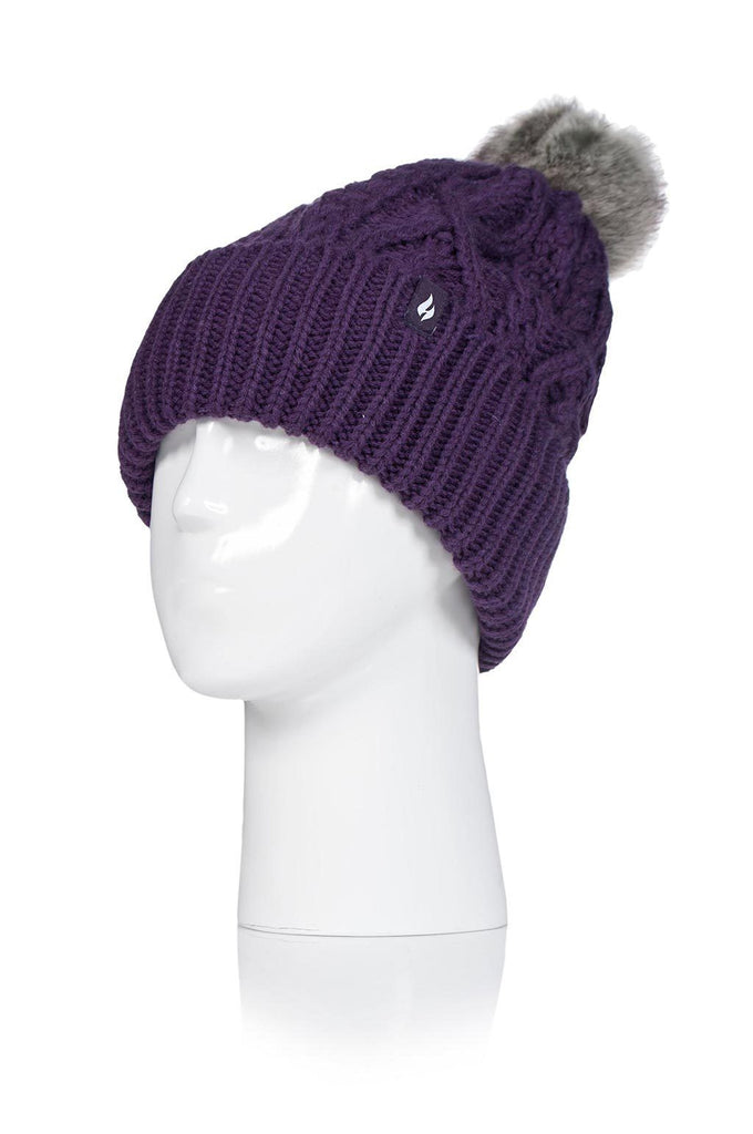 Heat Holders Women's Solna Cable Knit Roll Up Thermal Hat With Pom Pom Purple #color_purple