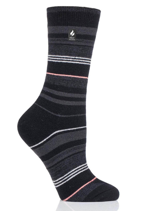 Heat Holders Women's Heather Ultra Lite Stripe Thermal Crew Sock Black #color_black